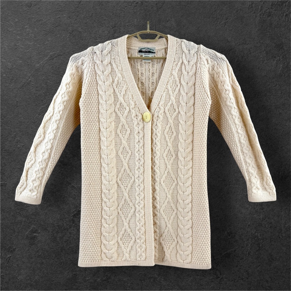 Aran Crafts Ireland 100% Merino Wool Cable Knit Long Cardigan Sweater Cream M